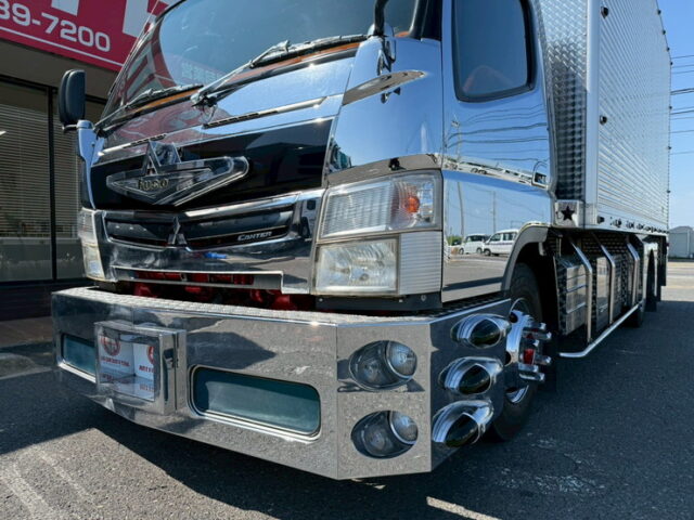 ブルーテックキャンター：造りボディ：アルミバン：ワイド超ロング：舟形バンパー：バスフェンダー